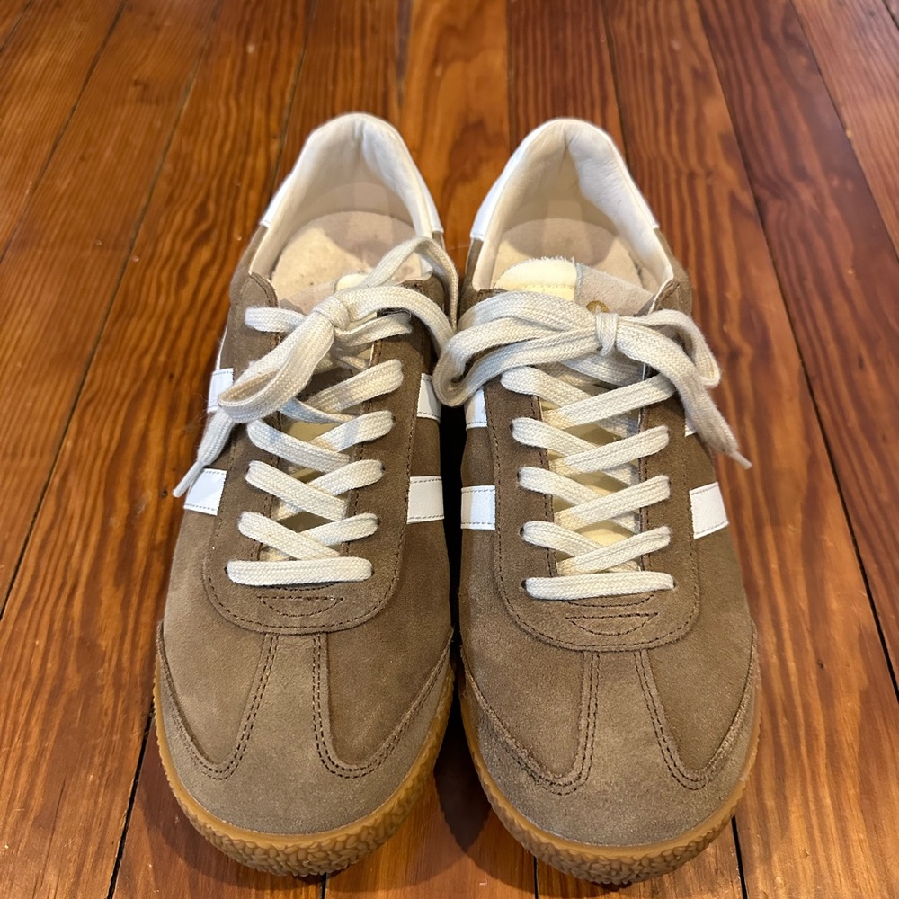 Gola Women's Tan Suede Sneakers with White Stripes